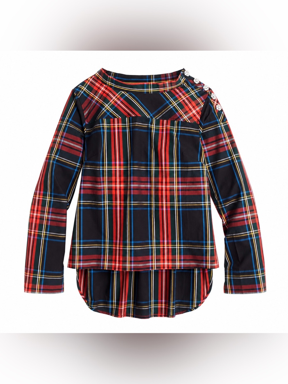 J.Crew Funnelneck Shirt Stewart Tartan Jeweled Buttons Plaid Size 6 Holiday